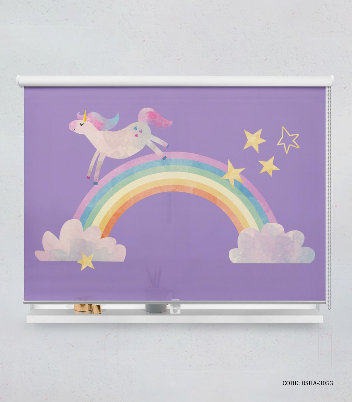 پرده شید بنفش اتاق دخترانه طرح رنگین کمان و اسب تک شاخ مدل Magic