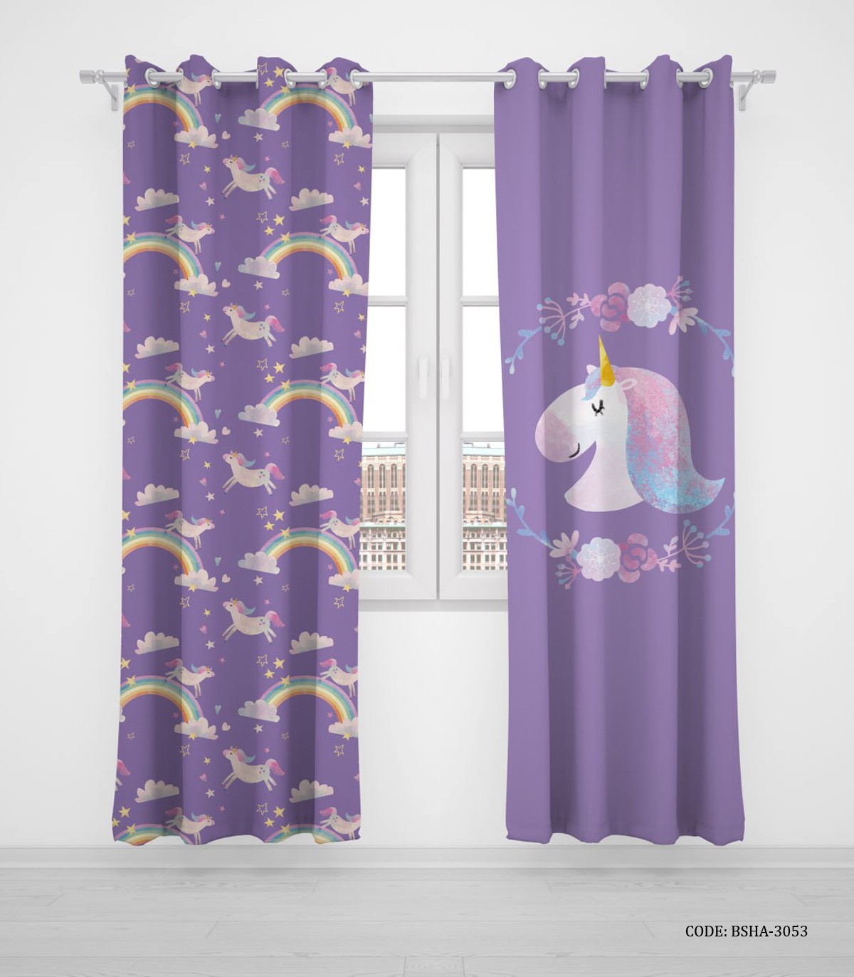 پرده پانچی دو تکه اتاق دخترانه طرح رنگین کمان و اسب تک شاخ مدل Magic