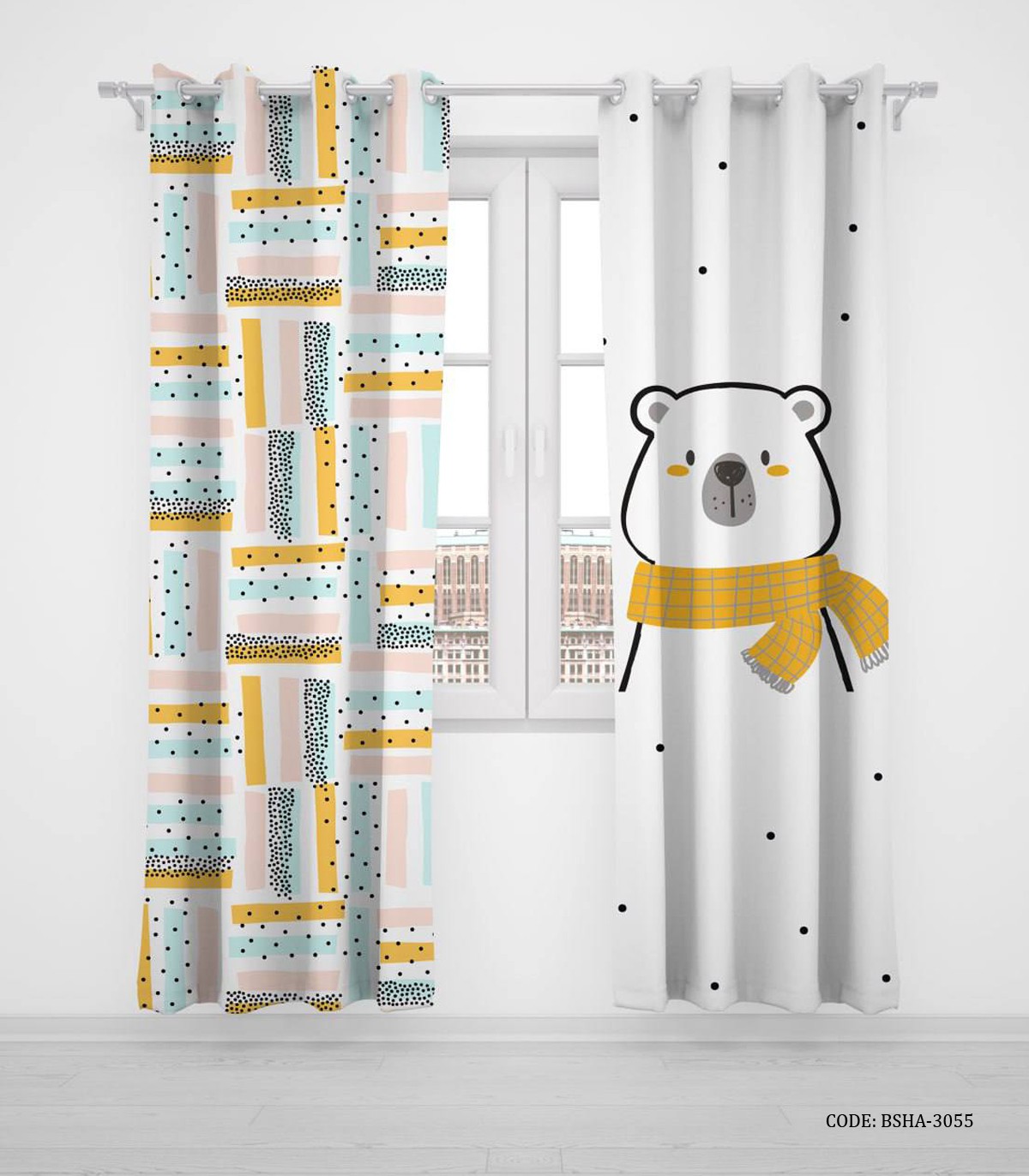 پرده پانچی دو تکه اتاق پسرانه طرح خرس قطبی مدل It"s Winter