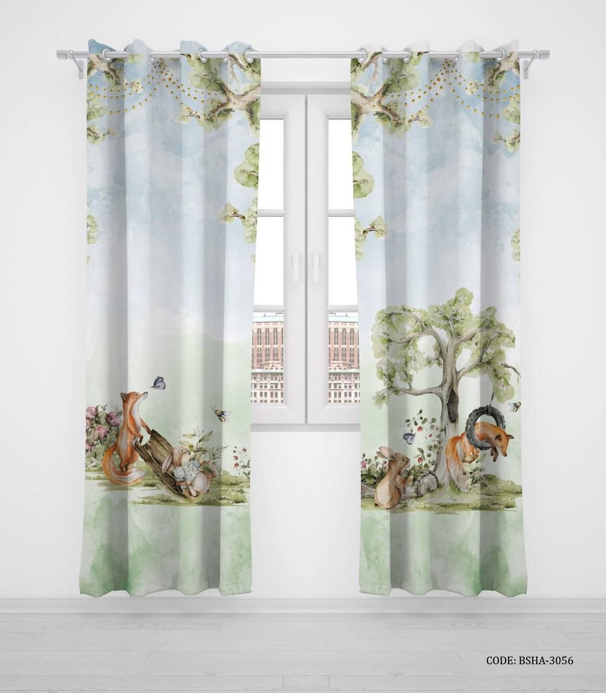 پرده پانچی دو تکه اتاق پسرانه طرح روباه و خرگوش مدل We"re Friends