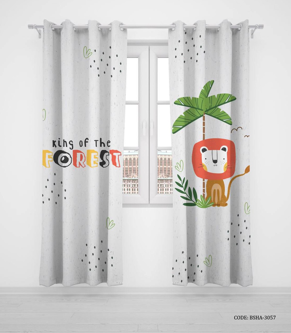 پرده پانچی دو تکه اتاق پسرانه طرح شیر مدل King of the Forest