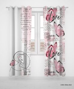پرده پانچی دو تکه سفید صورتی اتاق دخترانه طرح پروانه مدل Love Letter
