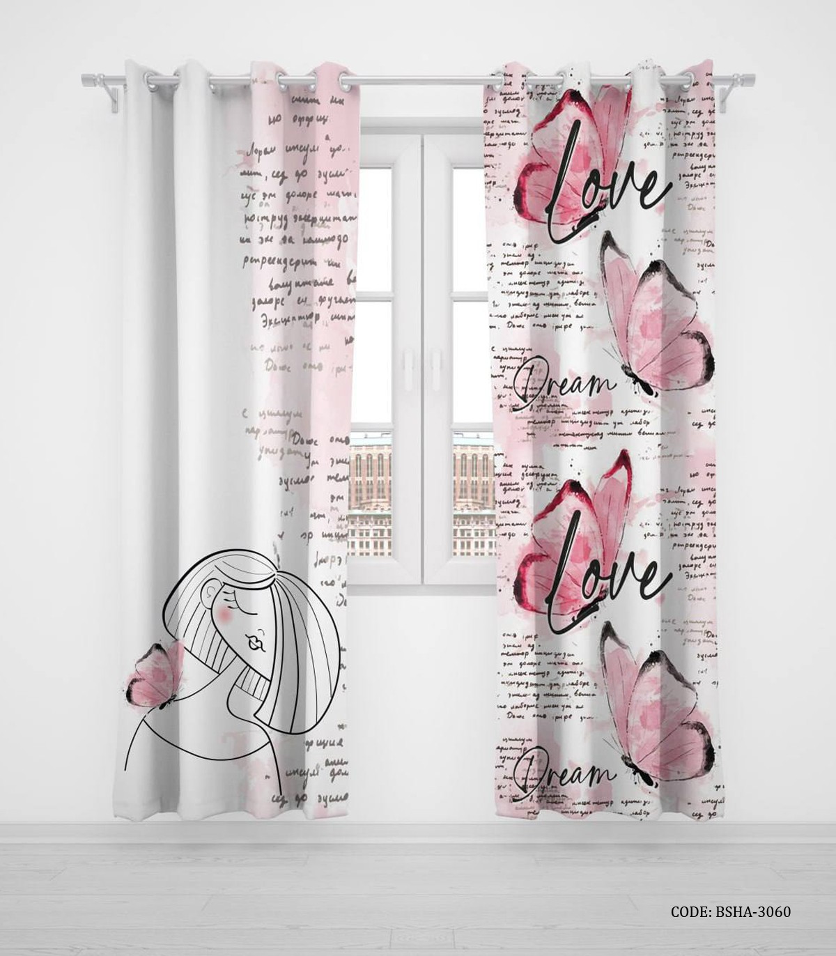 پرده پانچی دو تکه سفید صورتی اتاق دخترانه طرح پروانه مدل Love Letter