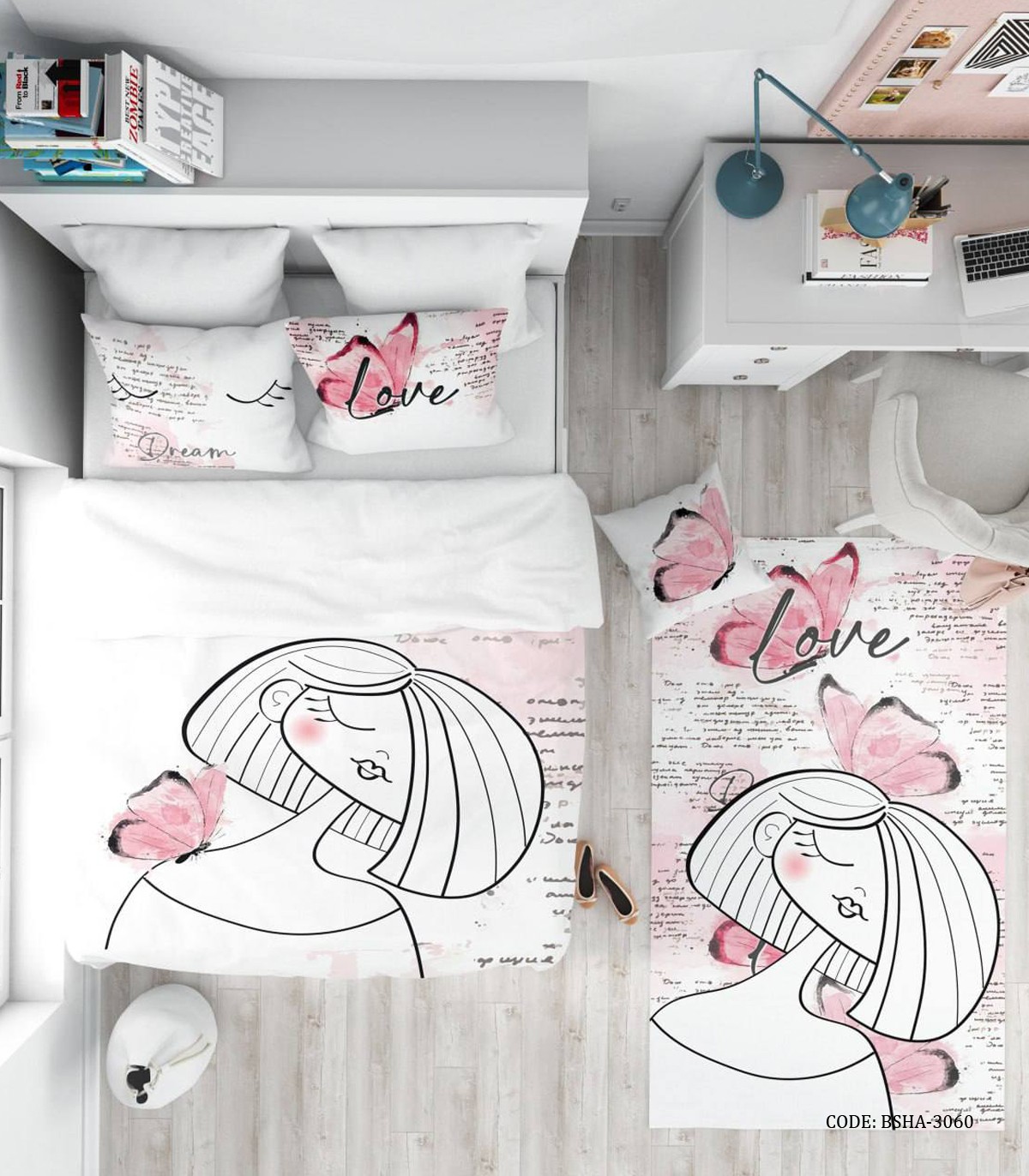 روتختی سفید صورتی دخترانه طرح پروانه مدل Love Letter