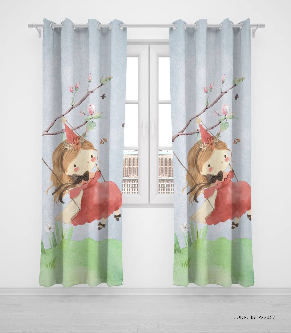 پرده پانچی دو تکه اتاق دخترانه طرح دختر تاب سور مدل Swing