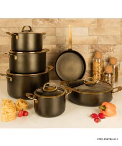 سرویس قابلمه گرانیتی 11 پارچه دسته طلایی رنگ مشکی طلایی مدل سورنا