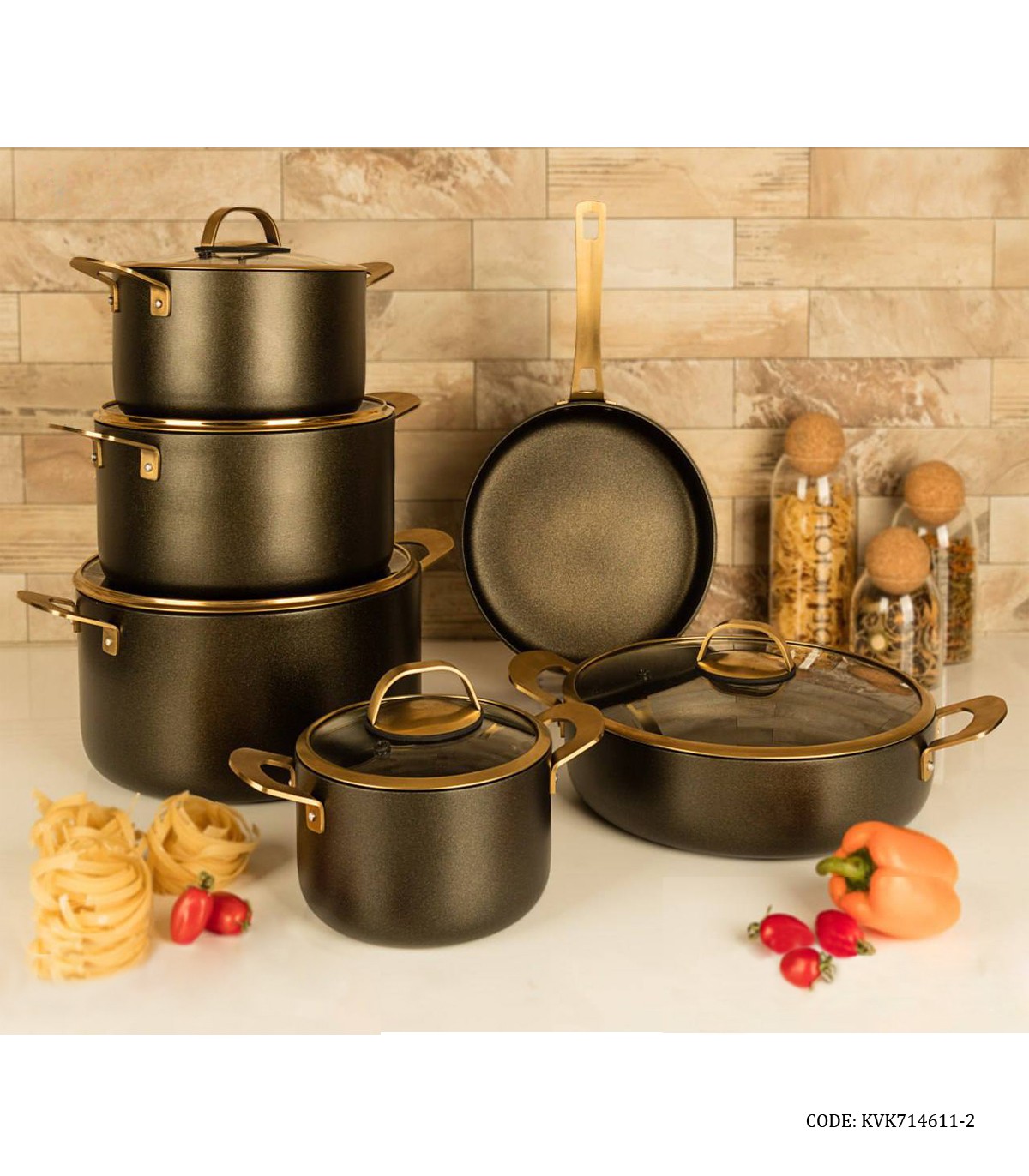 سرویس قابلمه گرانیتی 11 پارچه دسته طلایی رنگ مشکی طلایی مدل سورنا