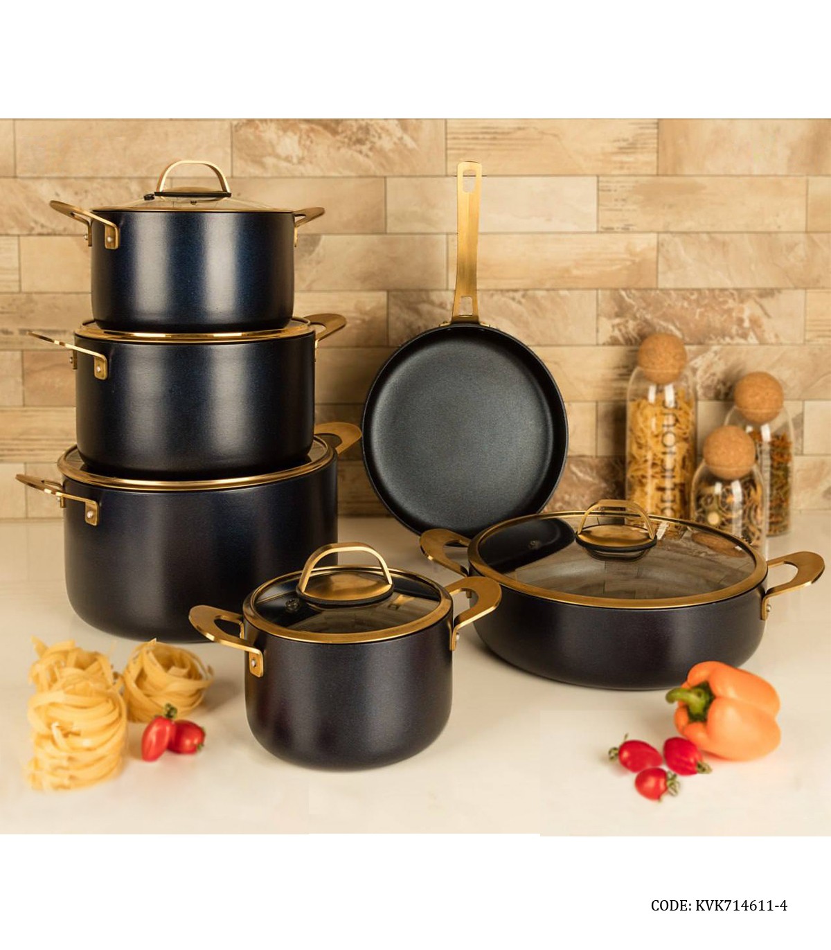 سرویس قابلمه گرانیتی 11 پارچه ویراکیش سورمه ای طلایی مدل سورنا