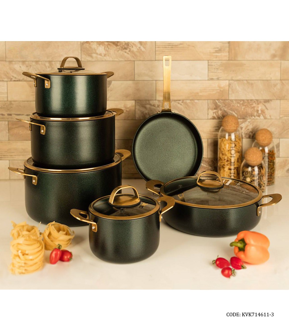 سرویس قابلمه گرانیتی 11 پارچه دسته طلایی سبز ویراکیش مدل سورنا