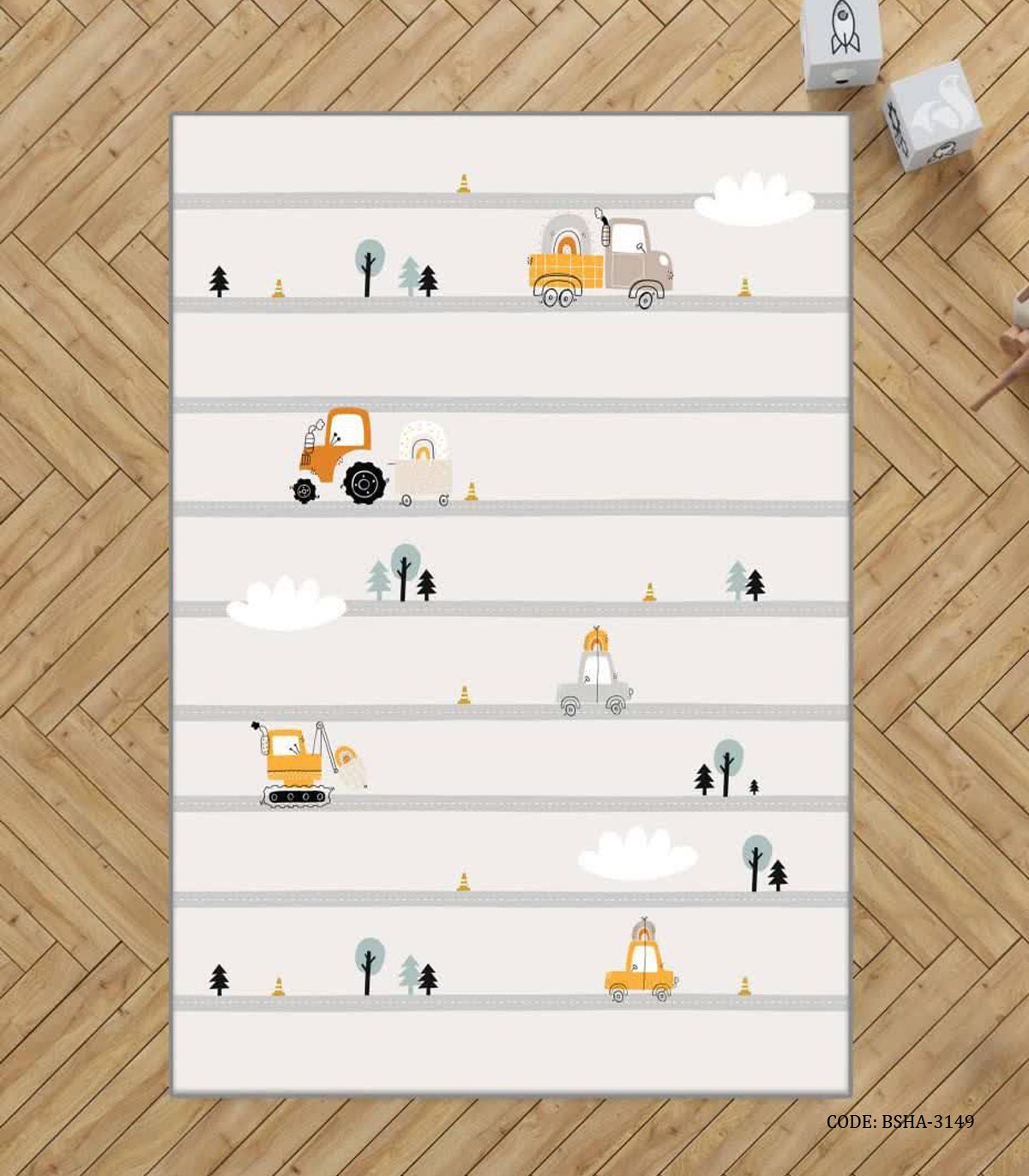 فرش اتاق پسرانه طرح جرثقیل مدل Let's Go