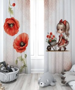 پرده پانچی دو تکه اتاق دخترانه طرح گل شقایق