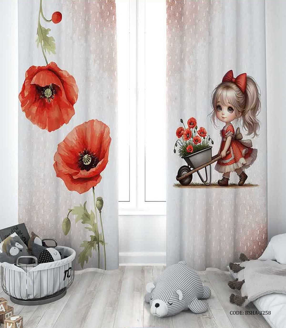 پرده پانچی دو تکه اتاق دخترانه طرح گل شقایق