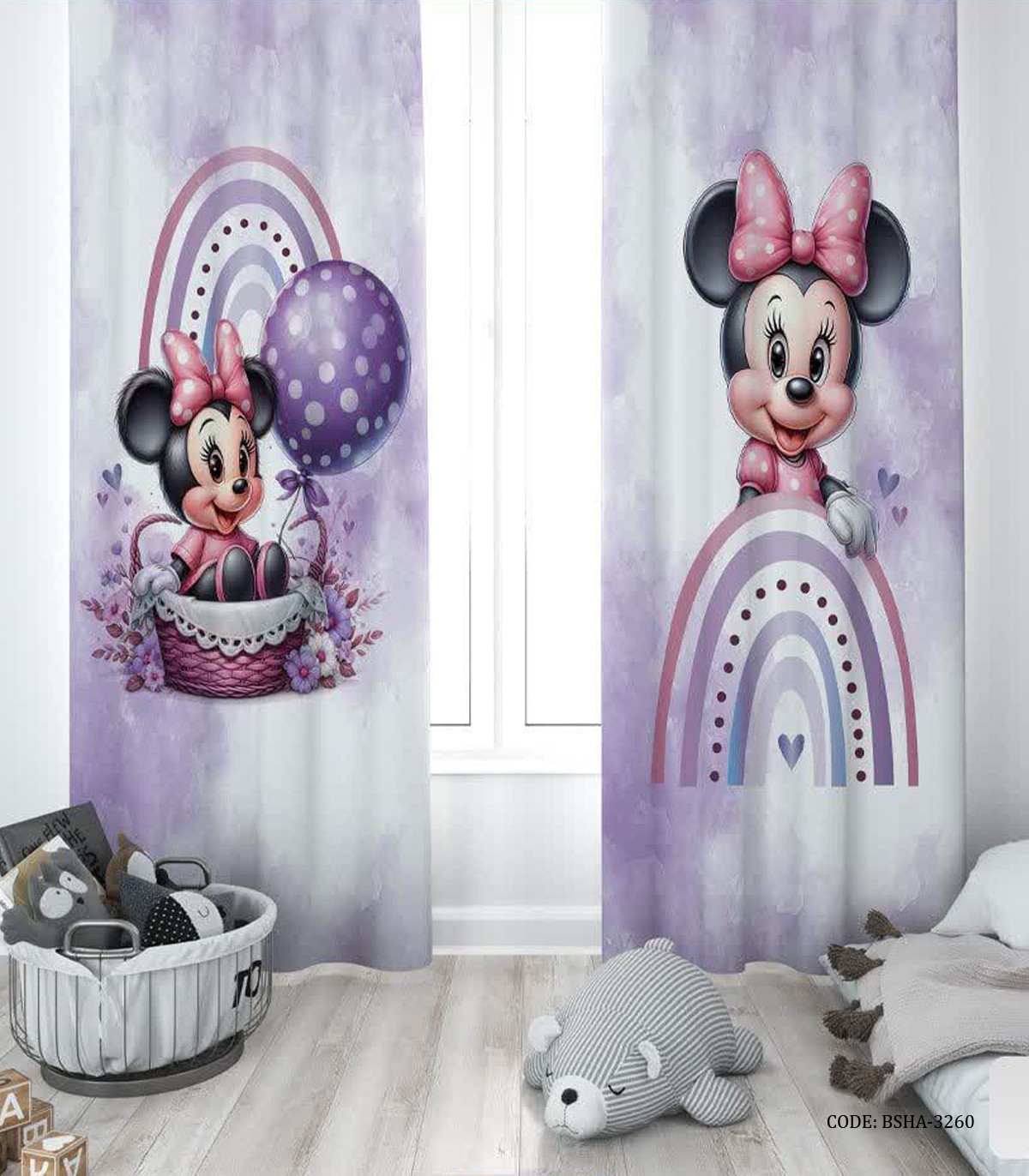 پرده پانچی دو تکه اتاق دخترانه طرح میکی موس مدل Bow Toons