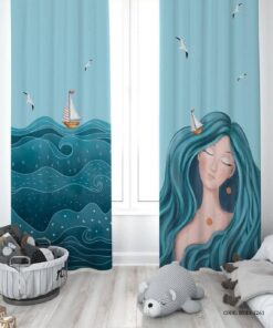 پرده پانچی دو تکه اتاق دخترانه طرح دریا مدل Blue Like Sea