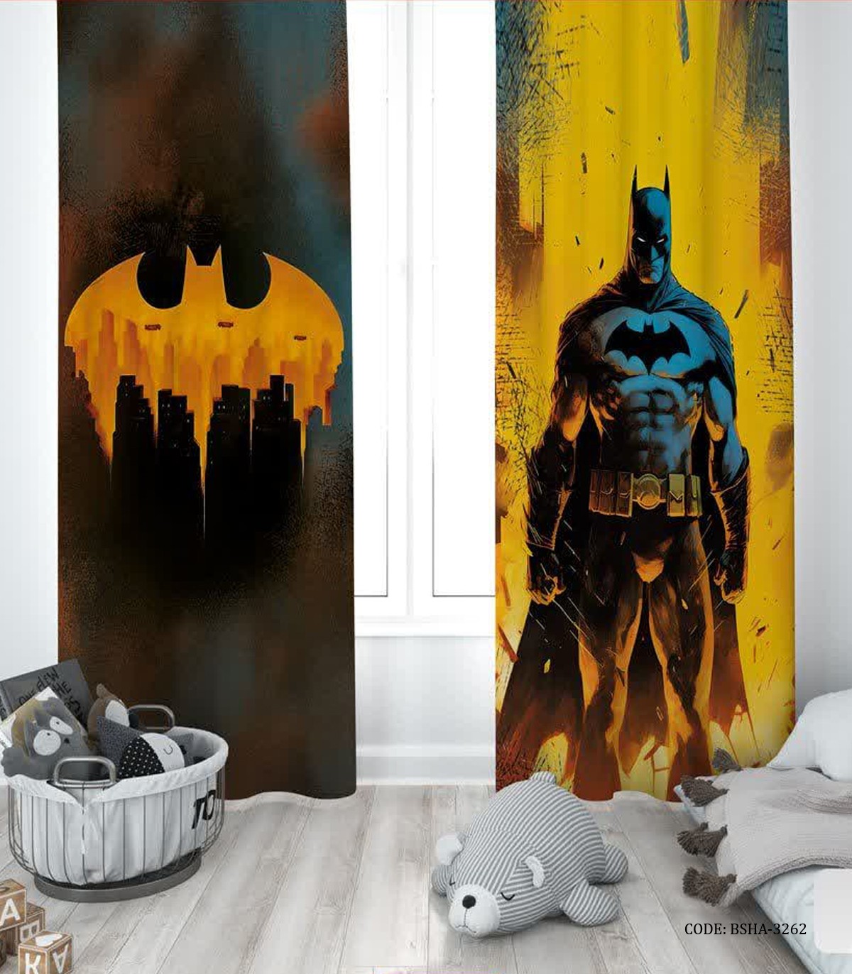 پرده پانچی دو تکه اتاق پسرانه طرح بتمن مدل The Dark Knight