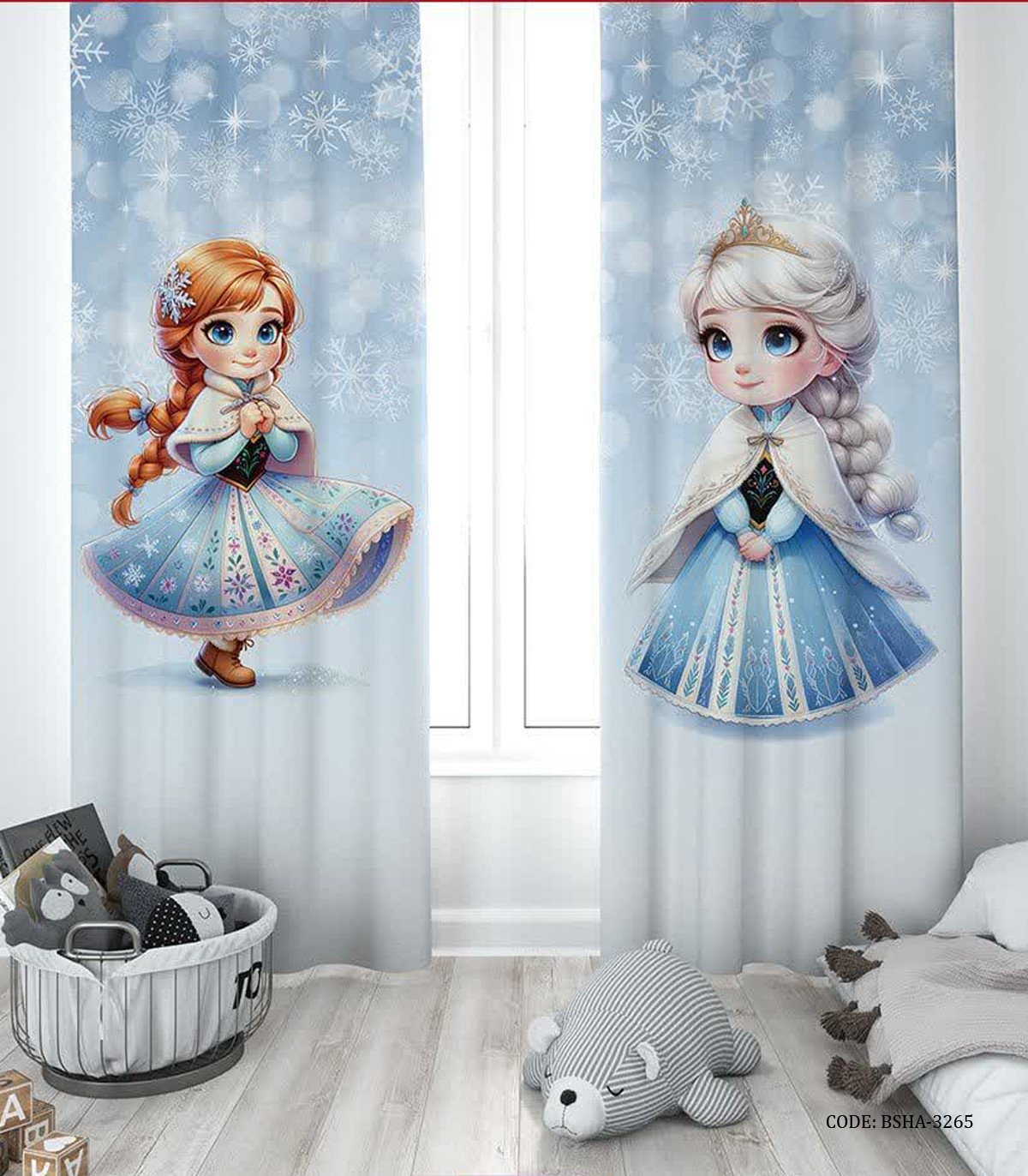 پرده پانچی دو تکه اتاق دخترانه طرح آنا و السا مدل Frozen