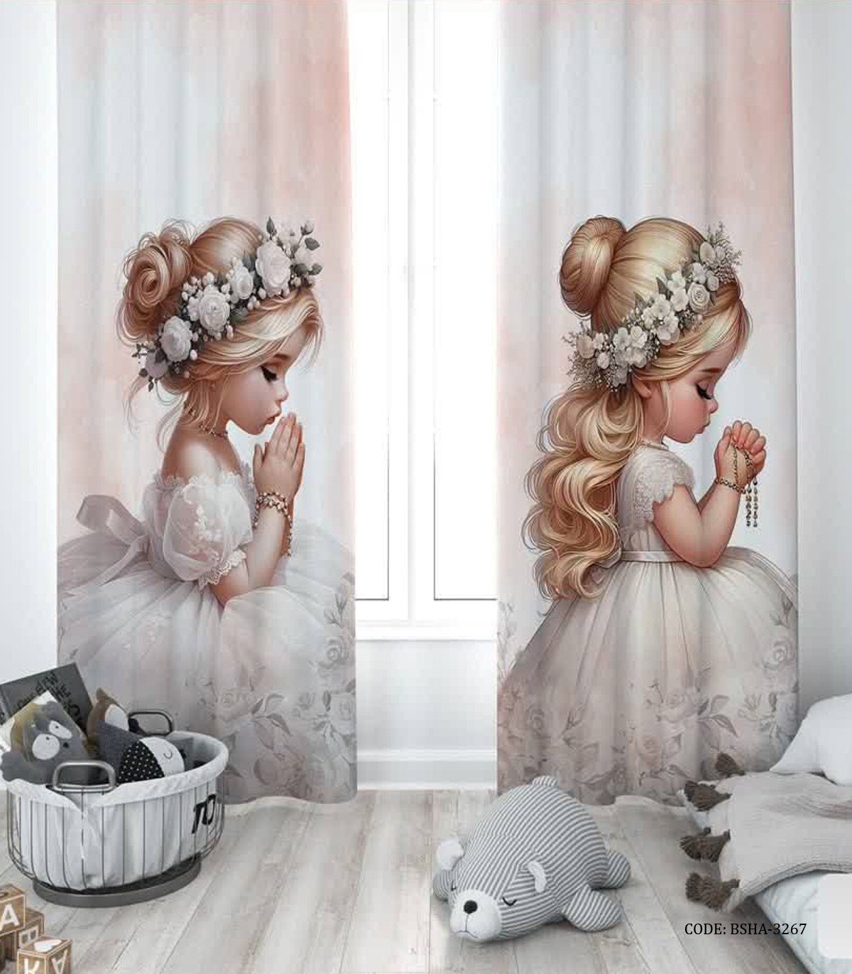 پرده پانچی دو تکه اتاق دخترانه طرح عروس مدل Bride