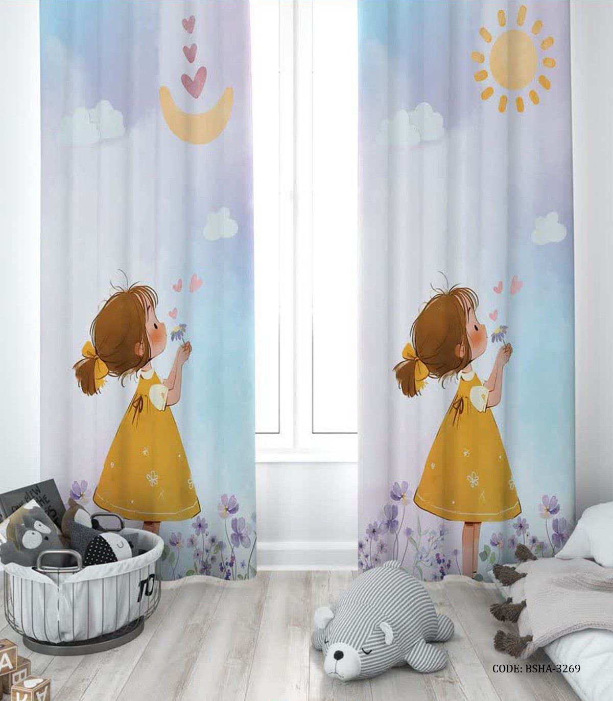پرده پانچی دو تکه اتاق دخترانه طرح دختر خرس مدل Sunny Day