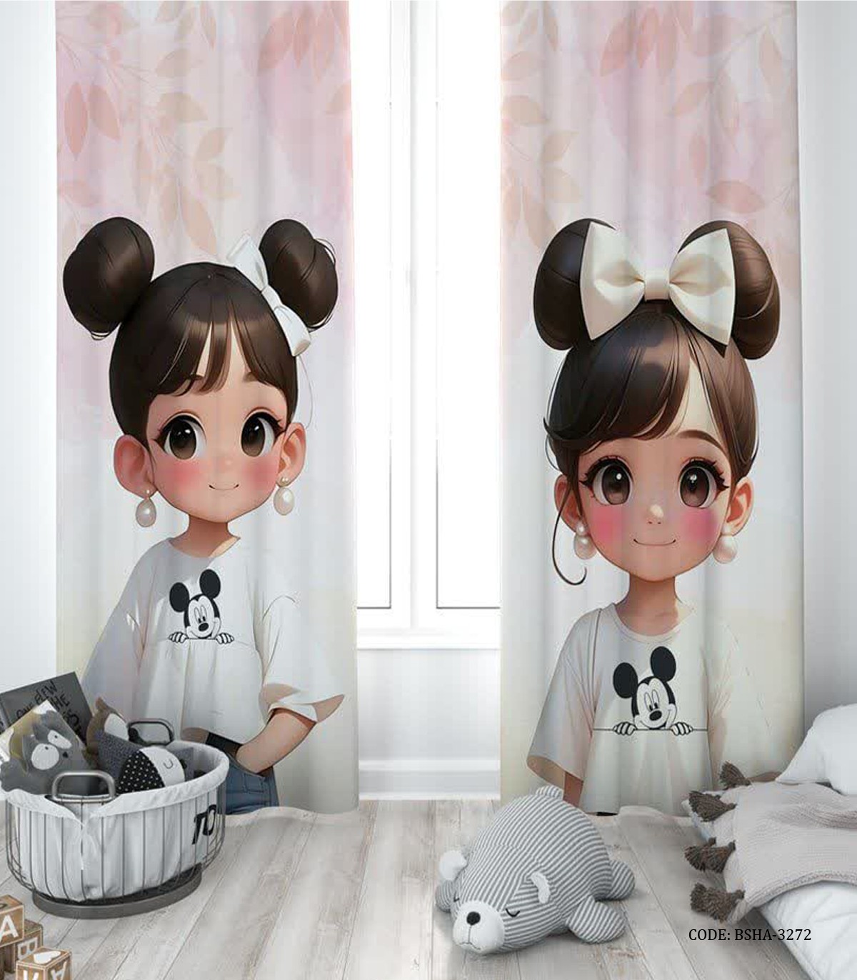 پرده پانچی دو تکه اتاق دخترانه طرح دختر مدل Qute Girl