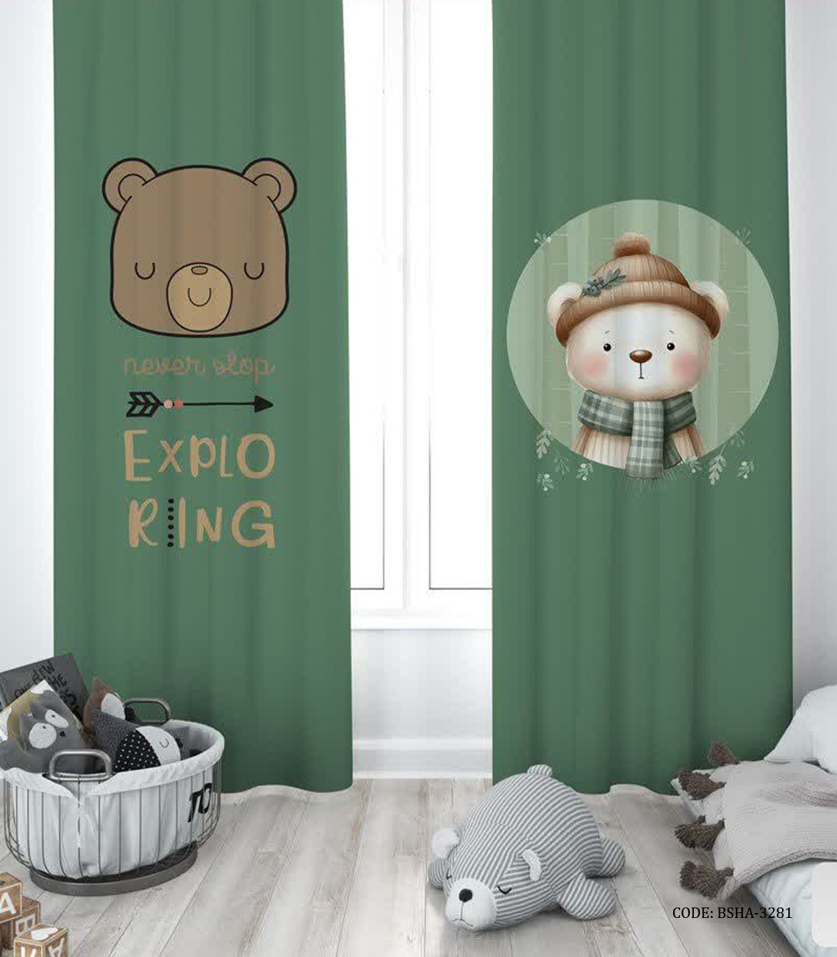 پرده پانچی دو تکه اتاق پسرانه طرح خرس مدل Exploring