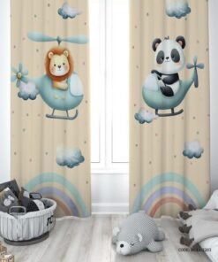 پرده پانچی دو تکه اتاق پسرانه طرح شیر و پاندا مدل Raimbow
