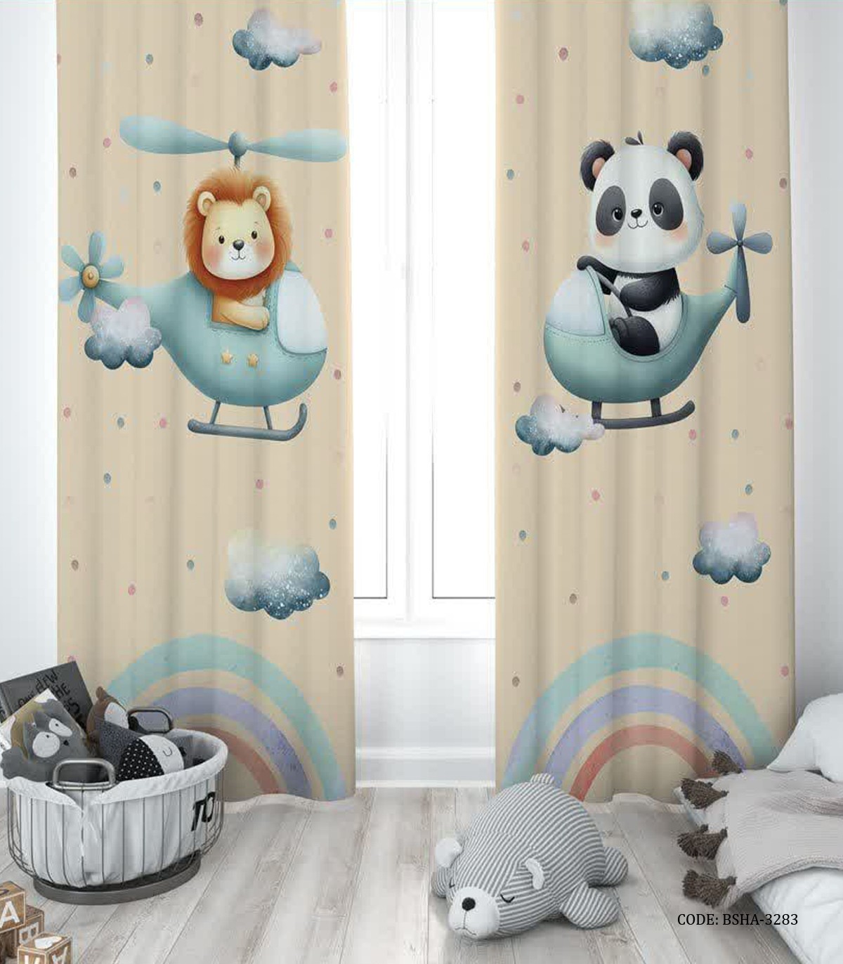 پرده پانچی دو تکه اتاق پسرانه طرح شیر و پاندا مدل Raimbow