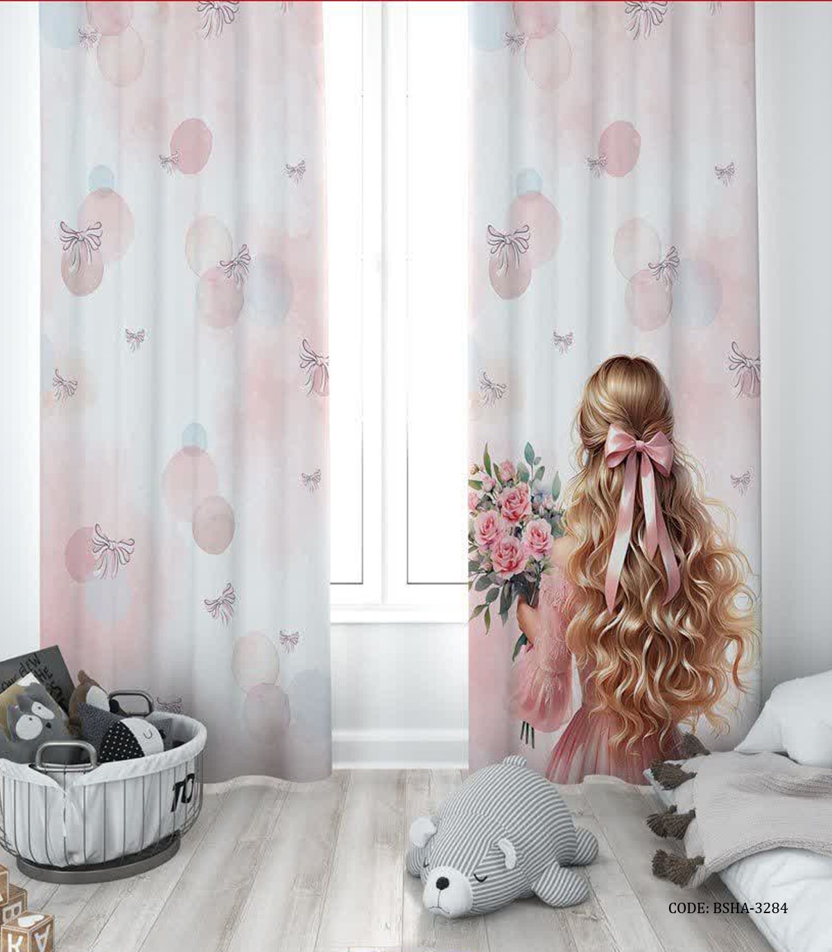 پرده پانچی دو تکه اتاق دخترانه طرح دختر مو بلوند مدل Blonde Hair