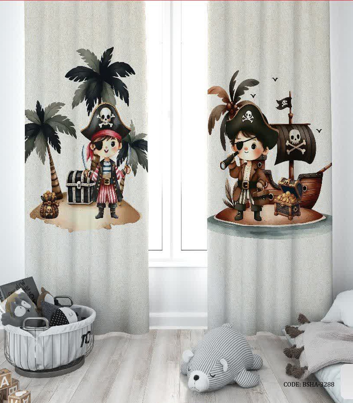 پرده پانچی دو تکه اتاق پسرانه طرح دزدان دریایی مدل Pirates