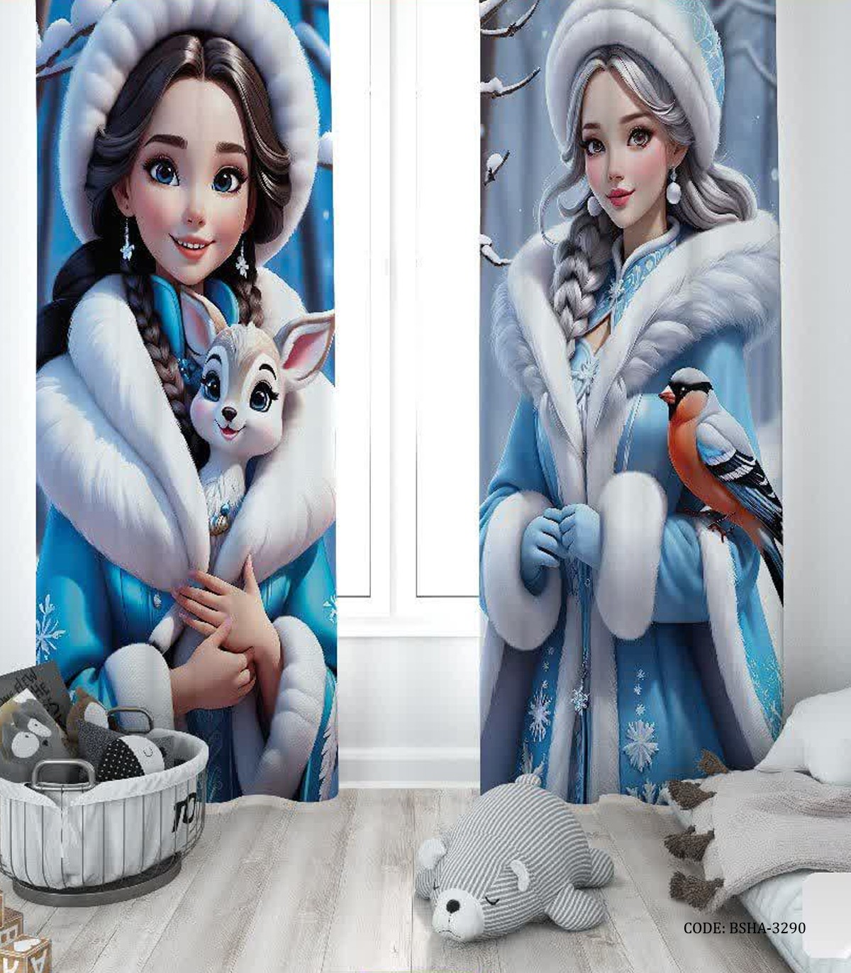 پرده پانچی دو تکه اتاق دخترانه طرح السا و آنا مدل FROZEN