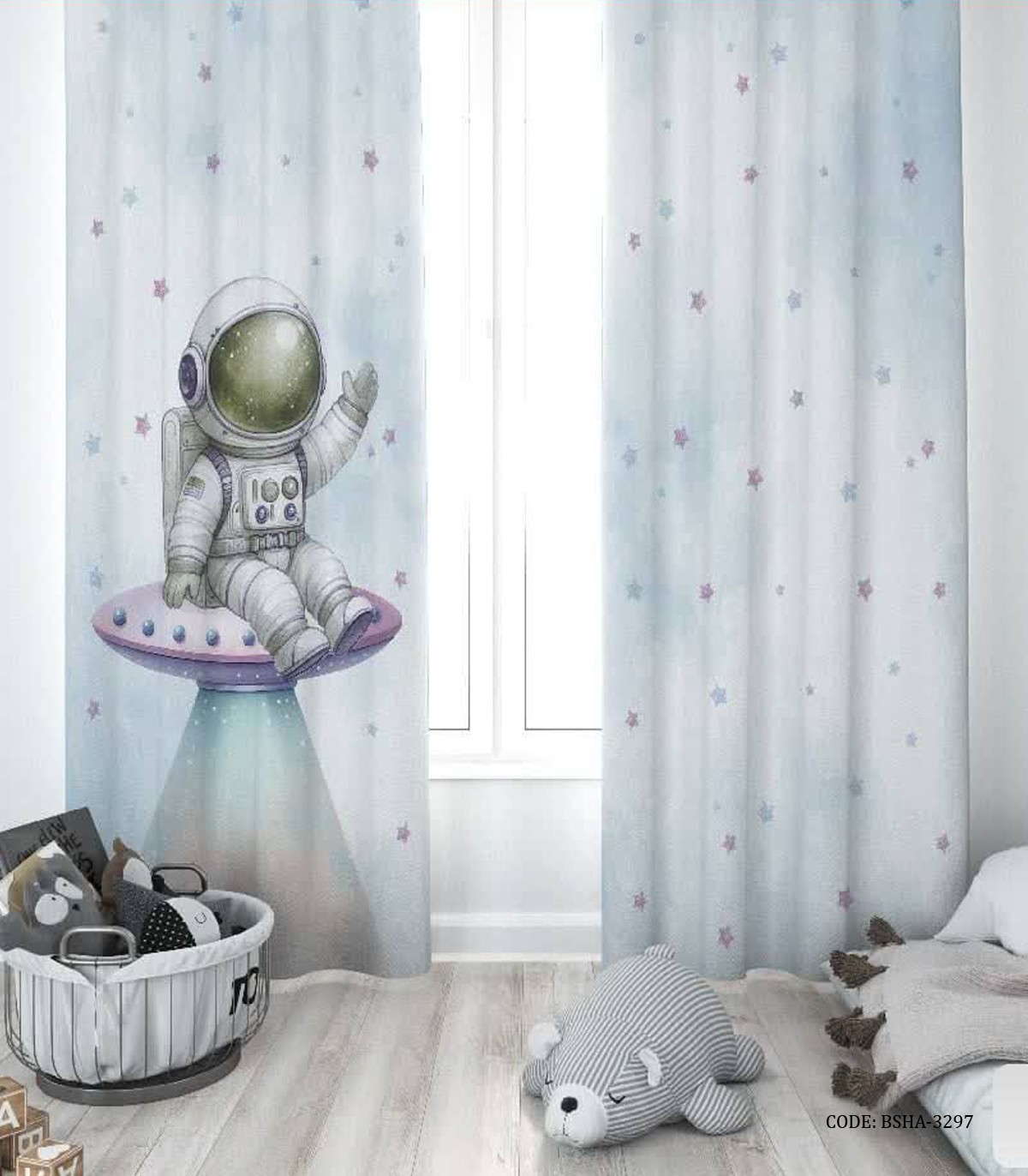 پرده پانچی دو تکه اتاق پسرانه طرح فضانورد مدل Spaceship