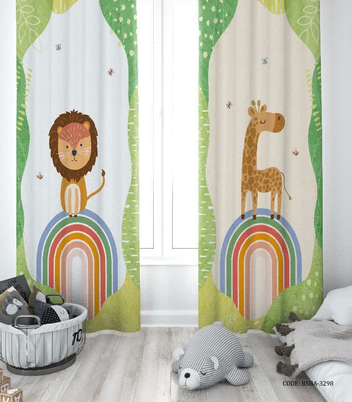 پرده پانچی دو تکه اتاق پسرانه طرح شیر و زرافه مدل Playful lion