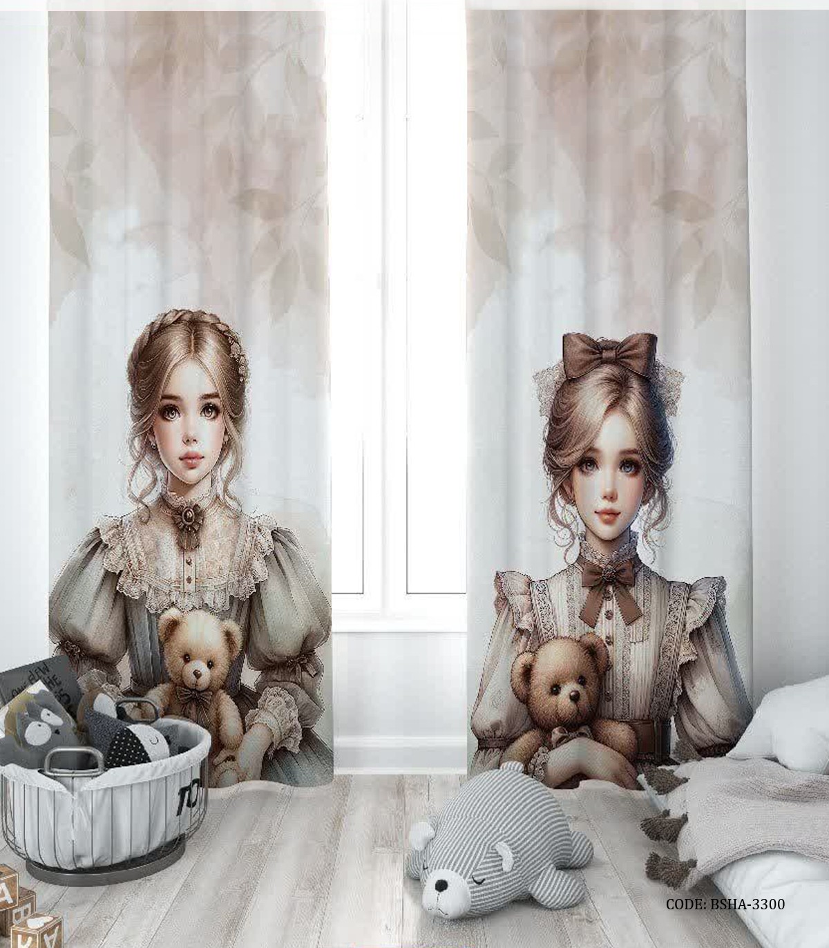پرده پانچی دو تکه اتاق دخترانه طرح دختر با عروسک خرس مدل Julia