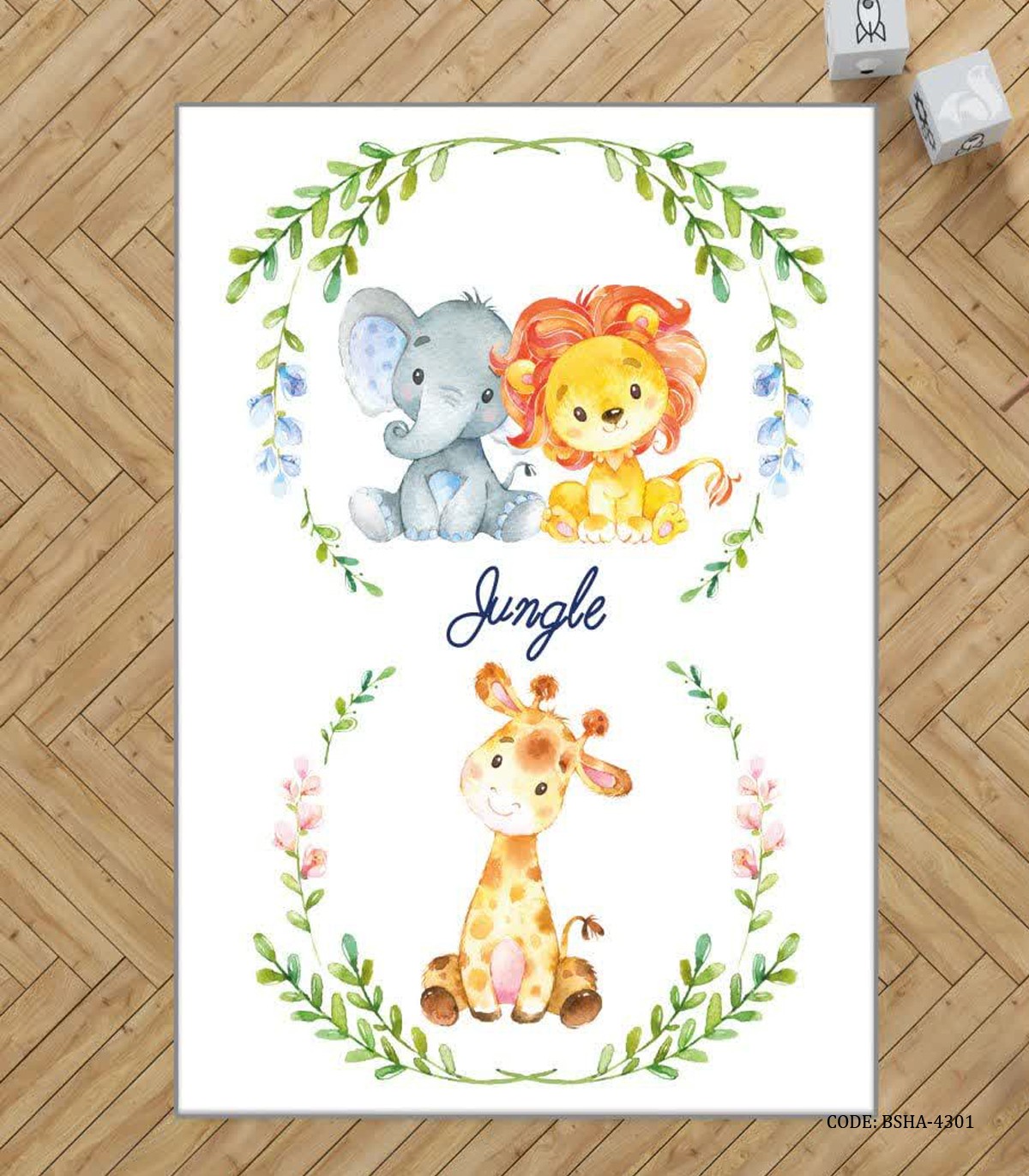 فرش اتاق پسرانه طرح شیر و فیل و زرافه مدل Jungle