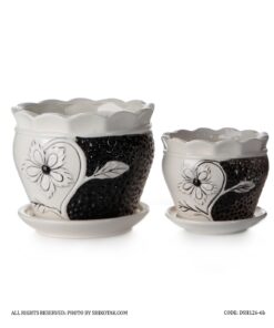 ست دو عددی گلدان و زیرگلدانی سرامیکی طرح گل مشکی