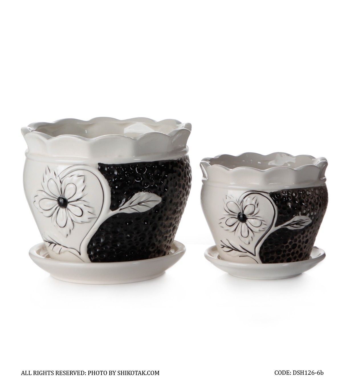 ست دو عددی گلدان و زیرگلدانی سرامیکی طرح گل مشکی