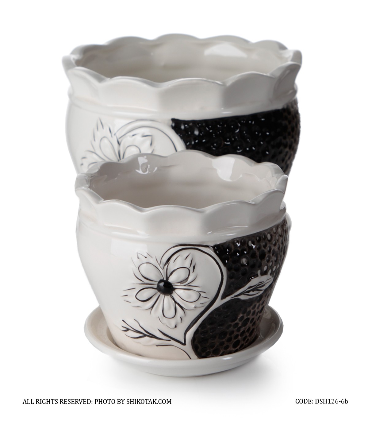 ست دو عددی گلدان و زیرگلدانی سرامیکی طرح گل مشکی