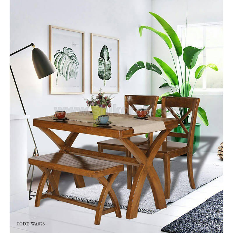 سرویس ناهارخوری چوبی چهار نفره نیمکت دار مدل ضربدری