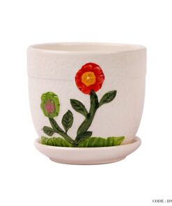 گلدان و زیر گلدانی سرامیکی طرح گل قرمز