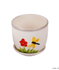 گلدان و زیر گلدانی سرامیکی طرح گل و پروانه