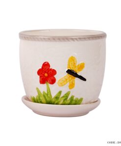 گلدان و زیر گلدانی سرامیکی طرح گل و پروانه