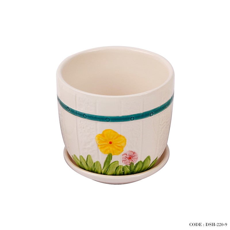 گلدان و زیر گلدانی سرامیکی طرح گل زرد