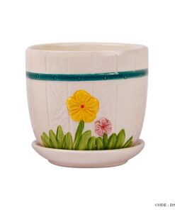 گلدان و زیر گلدانی سرامیکی طرح گل زرد