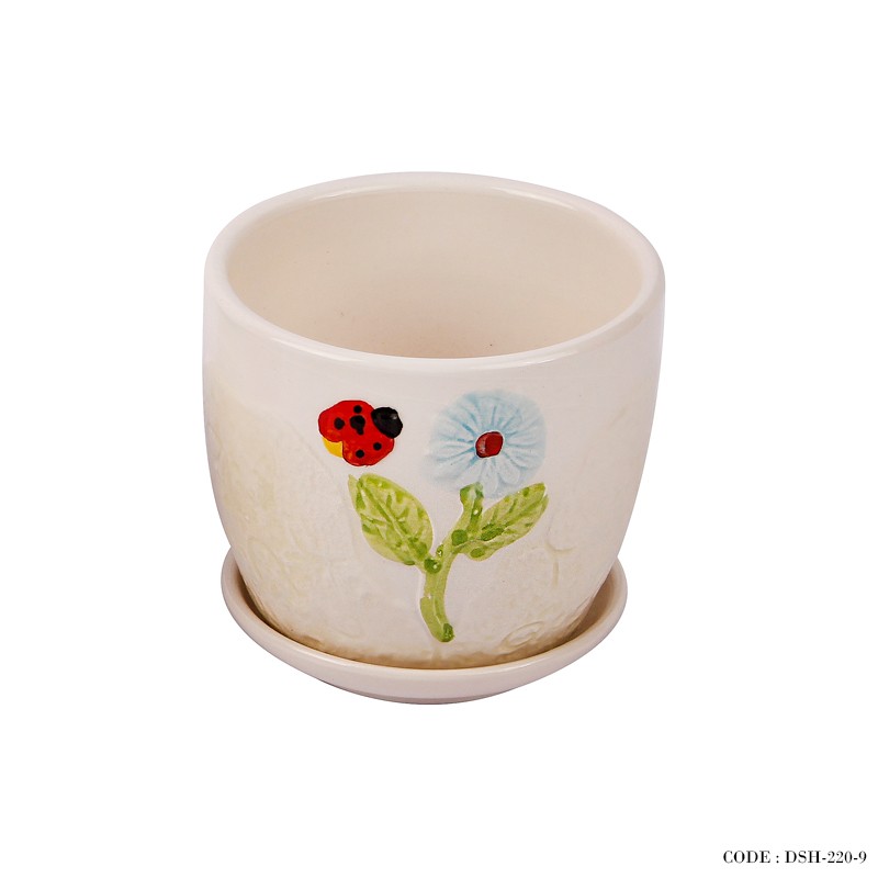 گلدان و زیر گلدانی سرامیکی طرح کفشدوزک