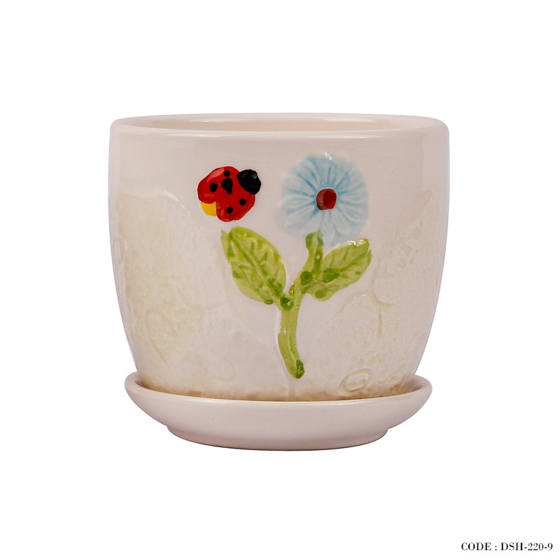 گلدان و زیر گلدانی سرامیکی طرح کفشدوزک