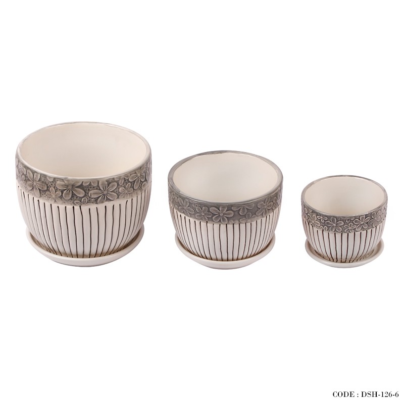 گلدان و زیرگلدانی سرامیکی سه سایز طرح راه راه