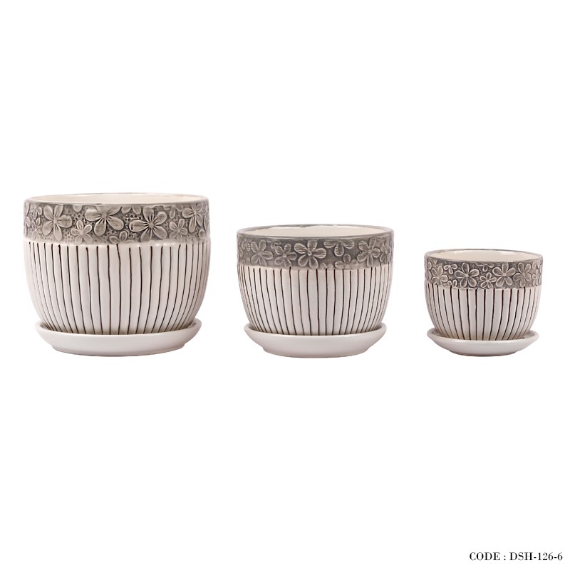 گلدان و زیرگلدانی سرامیکی سه سایز طرح راه راه